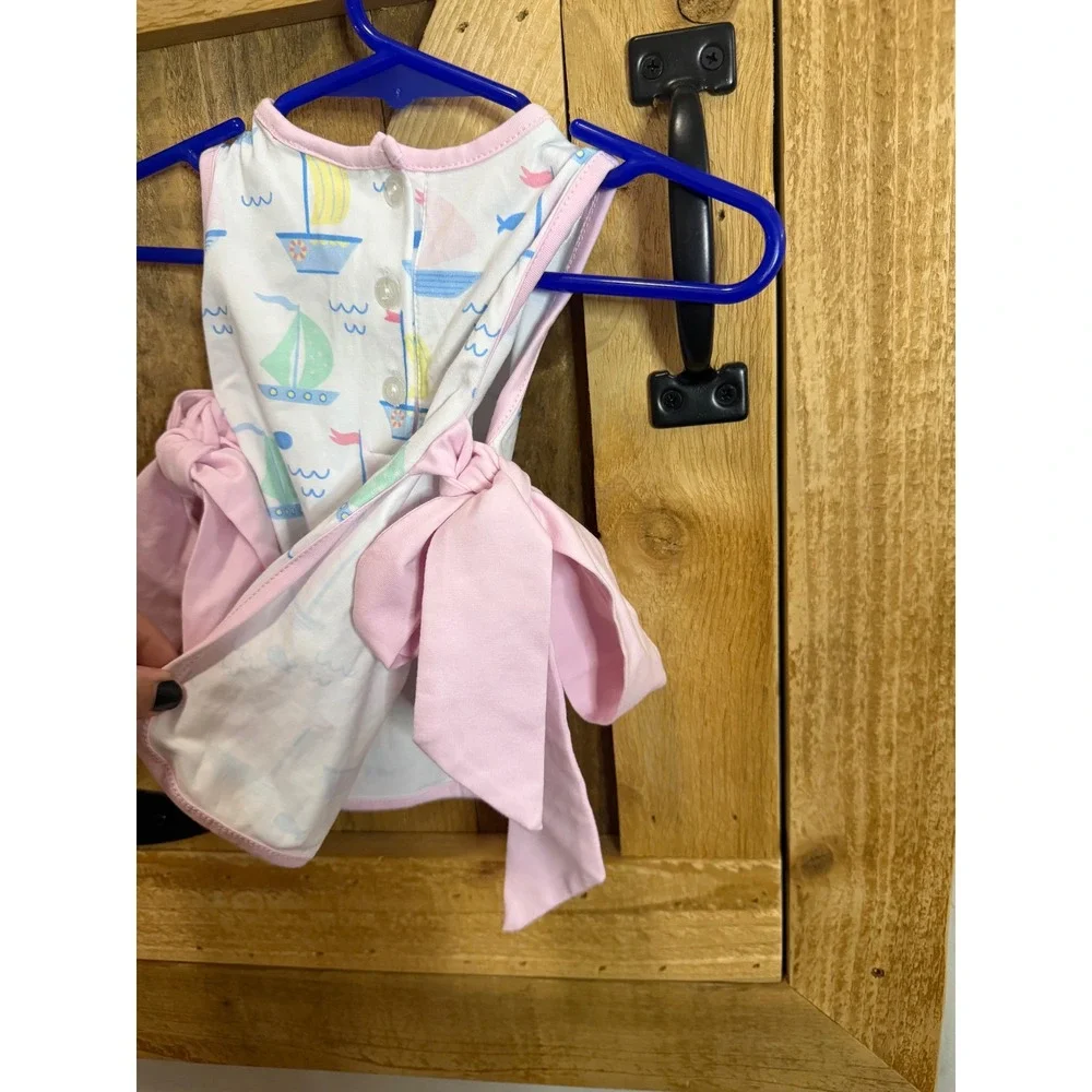 Stitchy Fish Baby Girl Sailboat Print Side Tie Bow Top Pink White 9M